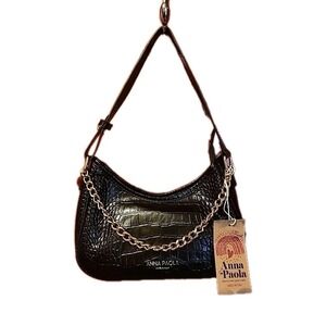 NWT Anna Paola Small Handbag Black Leather Croc Embossed Convertible‎ Italy